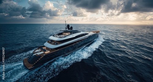 Eye catching overhead view of a yacht in the open sea with strong wind and deepened color highlights