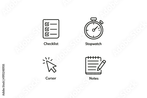 Four Icons Checklist Stopwatch Cursor Notes Simple Line Art Icons Representing Tasks Time Management Selection And Jotting Down Ideas On A Black Background