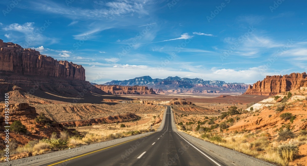 Fototapeta premium Scenic desert highway surrounded by rugged rock formations under clear sky