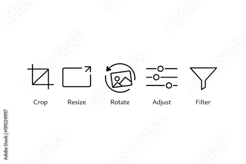 Graphic Icons for Photo Editing Cut Crop Rotate Adjust Filter Simple Line Art on White