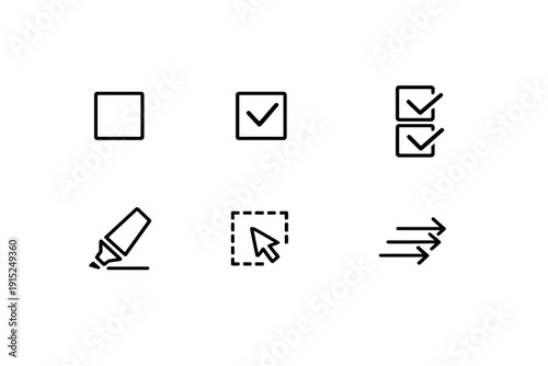 Set Of Six Graphic Icons Representing Checklist Tick Marker Selection And Sequence On White Background