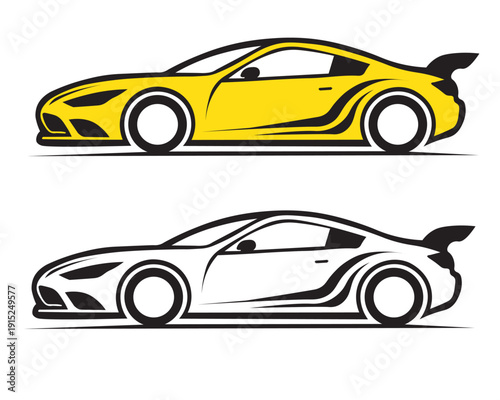 Dynamic racing car vector element set with sleek sports car silhouettes and yellow aerodynamic design for automotive branding