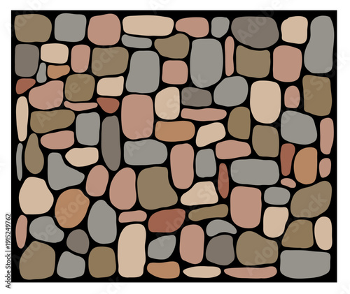 Colorful rock road, street stone texture. Vector graphic sidewalk, old gravel cobblestone path on black background