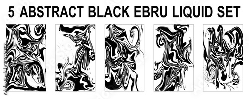 Ebru aqua paper and silk prints. Set of abstract backgrounds. Ink marbling textures. Black and white.