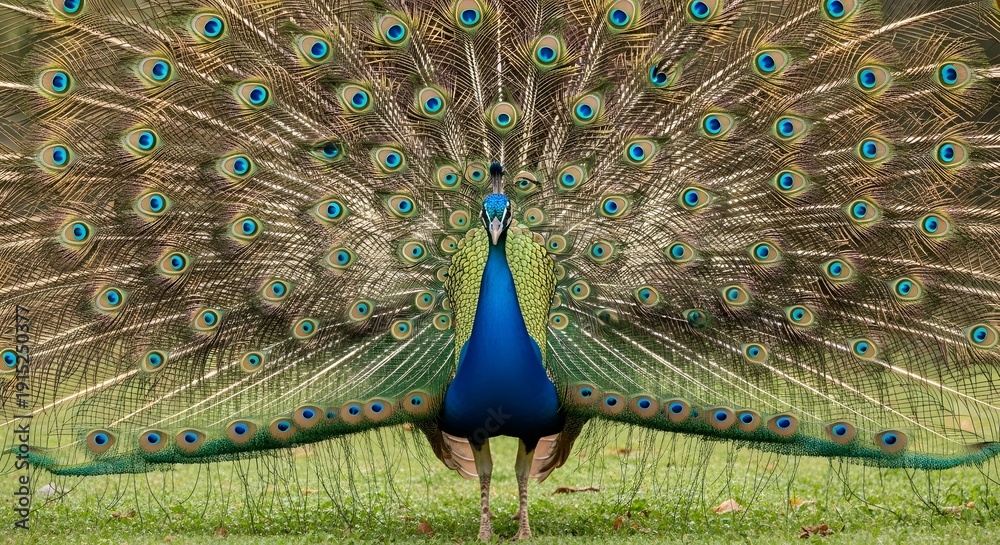 Obraz premium Majestic Indian peacock displaying its vibrant, elaborate train of numerous iridescent eyespots in full view