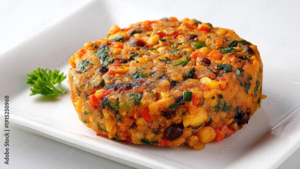 Fototapeta premium Round veggie patty made from corn, beans and chopped vegetables on a white plate with parsley garnish. Concept Veggie patty, Corn and bean patty, Chopped vegetables, Parsley garnish