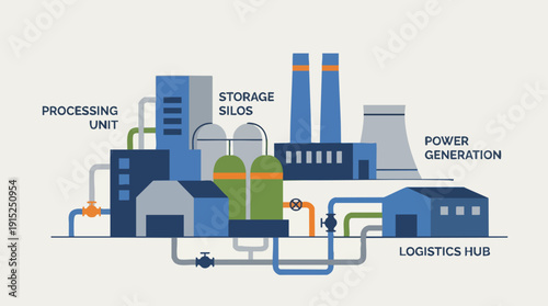 Industrial factory complex with machinery.