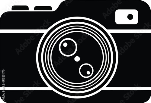 A black and white illustration of a digital camera with a large lens