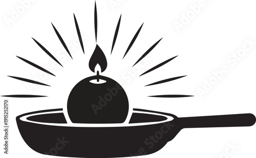 A black and white illustration of a candle in a frying pan with rays of light emanating from it