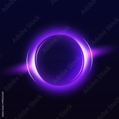 Sphere with blue neon halo effect, glowing gradient ring, luminous round aura on dark background, vector bright eclipse