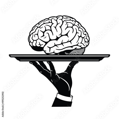 Vector brain on serving tray held by hand representing concept of ideas and creativity