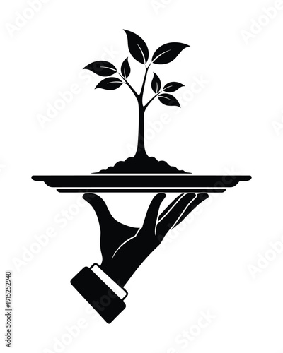 Vector plant growing from soil on serving tray held by hand representing growth