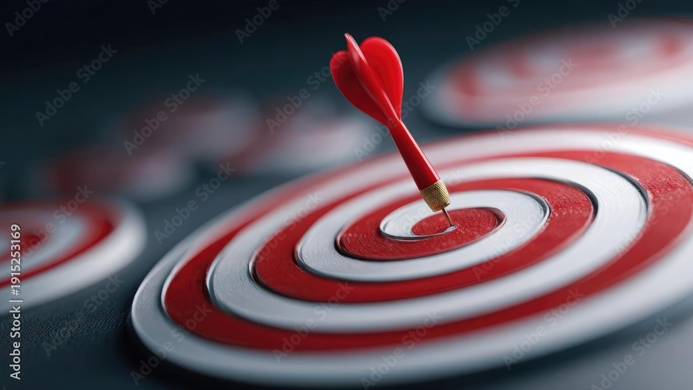Fototapeta premium Red dart hitting the bullseye of a red-and-white concentric target. Concept Dartboard Precision, Bullseye Hit, Target Practice, Red-and-White Target, Dart Throw Skill