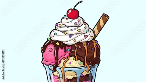 Cartoon ice cream sundae with cherry and sprinkles