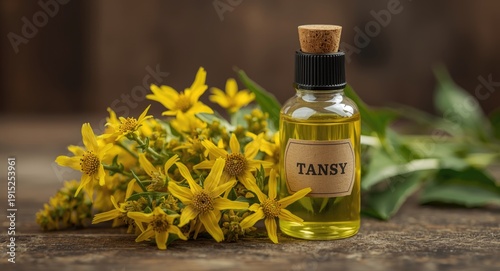 Natural herbal tansy decoction and tincture oil bottle with area for text