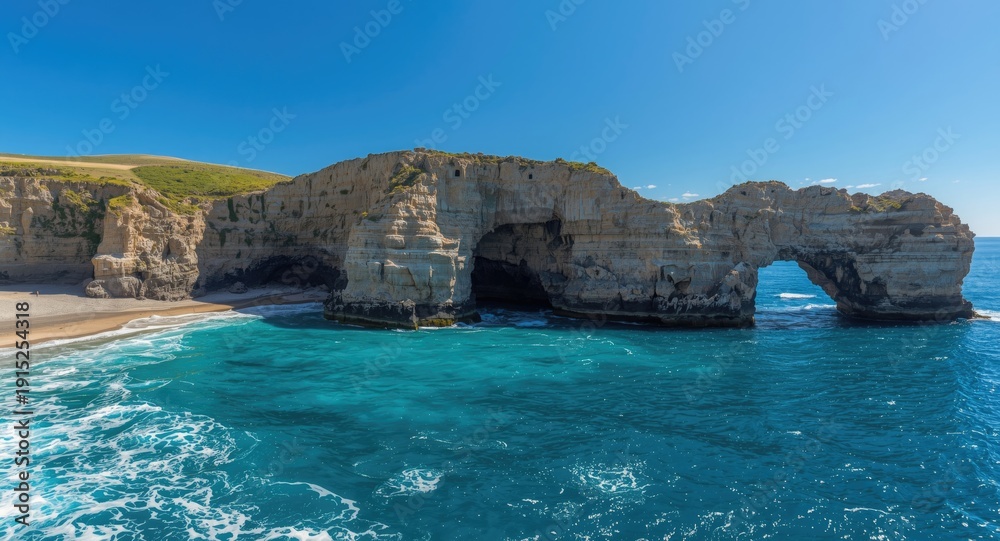 Obraz premium Enchanting coastal formation of three caves with striking blue and transparent waters