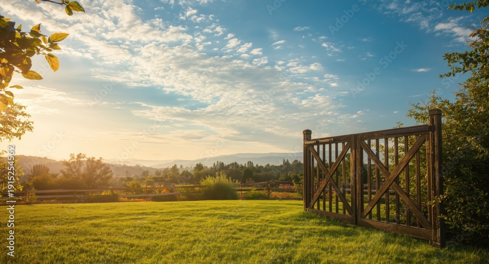 Fototapeta premium Open gates under a serene sunny sky with gentle clouds