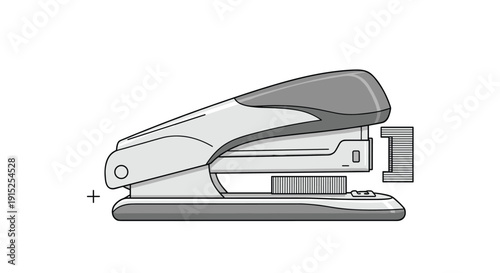 Detailed grayscale illustration of an office stapler being loaded with a row of staples, shown in a clean, technical drawing style.