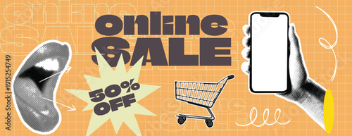 Retro vintage pop art, comic style halftone Collage sale horizontal banner, modern advertising design, perfect for social media cover and header promotion with halftone cutout elements