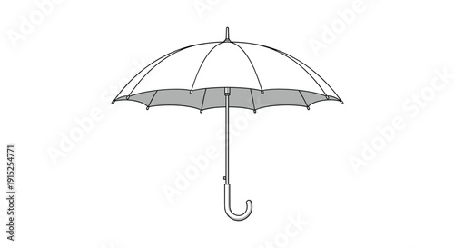 Clean and simple black and white outline illustration of a classic open umbrella with a curved handle, viewed from the side profile.