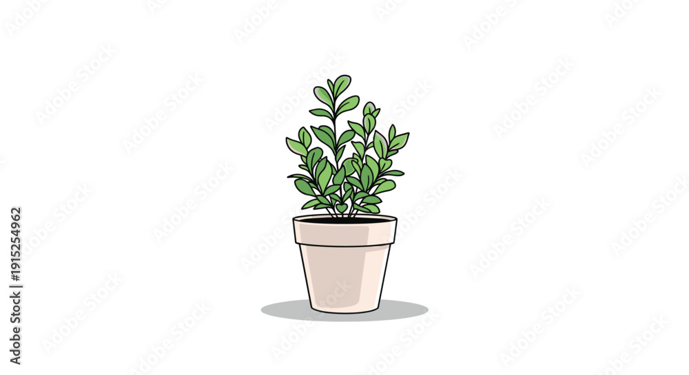 Fototapeta premium Cute and simple cartoon illustration of a small, leafy green houseplant in a beige pot with a shadow, isolated on a white background.
