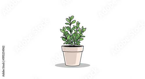 Cute and simple cartoon illustration of a small, leafy green houseplant in a beige pot with a shadow, isolated on a white background.