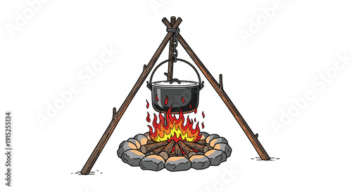 Vintage-style illustration of a cast iron cauldron cooking over a crackling campfire, suspended from a rustic wooden tripod structure.