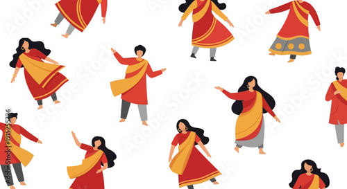 Vector illustration of happy Indian women in traditional clothing celebrating Indian Lunar New Year with colorful decorations and flowers.