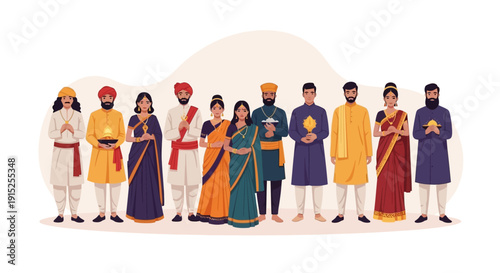 Illustration of a diverse group of people in traditional Indian attire celebrating Happy Indian Lunar New Year with flowers and decorations.