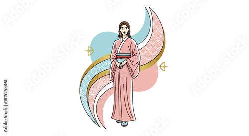 Vector illustration of a woman in a traditional pink dress celebrating Happy Indian Lunar New Year with colorful decorations and flowers.
