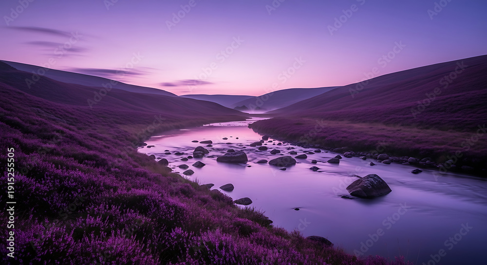 Obraz premium Peaceful nature background with a calm river reflecting the soft pink and purple tones of dawn in a misty valley.