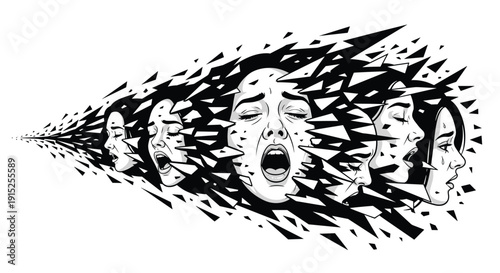 Powerful black and white comic art illustration of faces showing pain and screaming, shattering into fragments in a dynamic explosion.