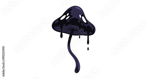 Psychedelic cartoon illustration of a dark purple mushroom with white spots, melting and dripping goo, on a plain white background.