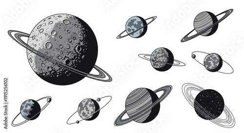 A collection of planets with rings, similar to Saturn, illustrated in a vintage, hand-drawn engraving style with multiple variations.