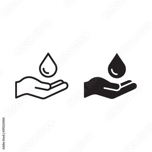 Two depictions of a hand holding a single water droplet black and white