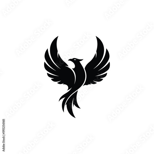 A stylized black silhouette of a phoenix rising with outstretched wings, symbolizing rebirth and freedom in a simple illustration.