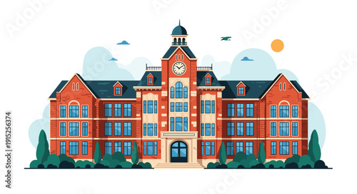 Flat design vector illustration of a classic red brick university building or school with a central clock tower on a clear day.