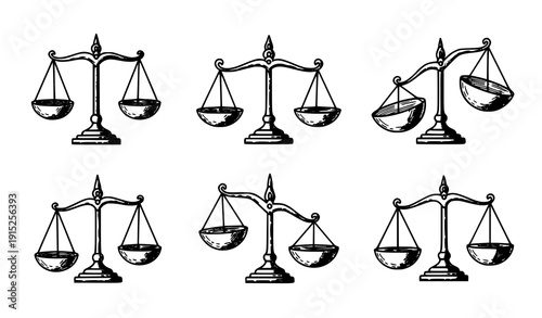 Libra scales doodle icons set with hand-drawn balanced and imbalanced vector illustrations