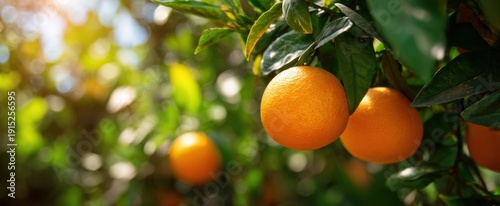 The Oranges on a Sunlit Citrus Tree with Green Leaves and Bokeh Background