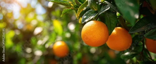 Obraz  z motywem The Oranges on a Sunlit Citrus Tree with Green Leaves and Bokeh Background