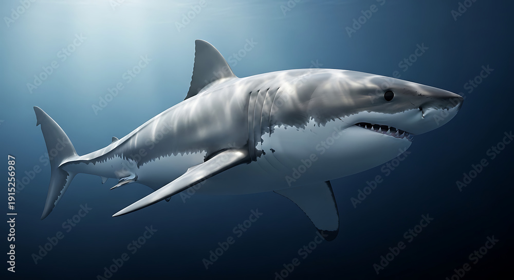 Fototapeta premium Great White Shark Swimming in the Deep Blue Ocean