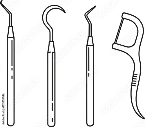 Dental Tools Line Art Illustration with Scaler Hook and Floss Pick Oral Healthcare Treatment Equipment Vector Design