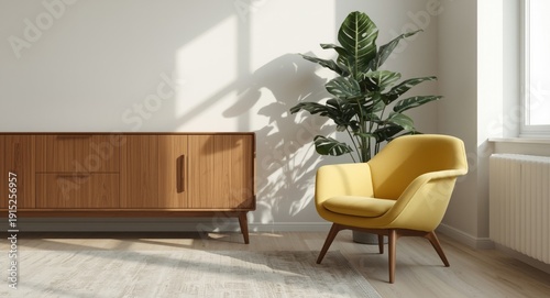 Minimalist living room interior featuring a wooden cabinet, yellow armchair, and vibrant monstera plant