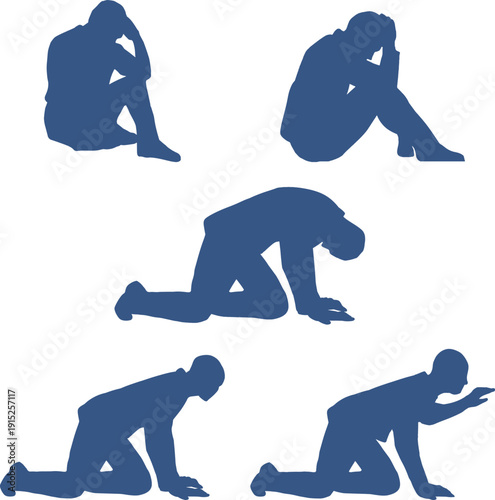 Desperate and Emotional Male Poses Vector Art. Ideal for mental health awareness campaigns, psychological illustrations, social issues design. Perfect for educational and expressive visual content.