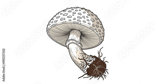 Detailed botanical illustration of a wild mushroom with a speckled cap and dirty roots, drawn in a classic, colored sketch style.