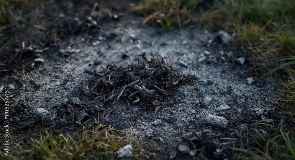 Obraz premium Remnants of burnt grass and grey ash scattered on yard floor