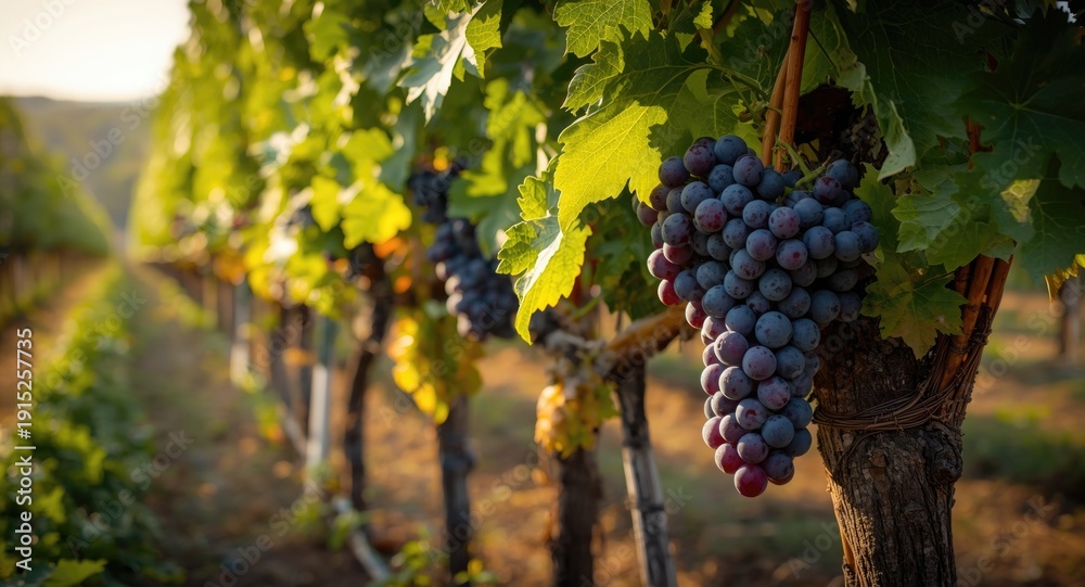 Fototapeta premium Colorful grapes ripening under natural light in a well maintained vineyard