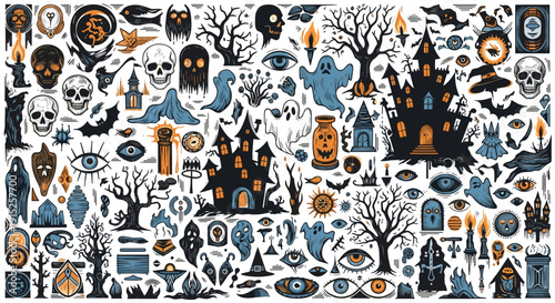 A large collection of vintage-style Halloween icons, including skulls, ghosts, haunted houses, and other spooky elements for design.