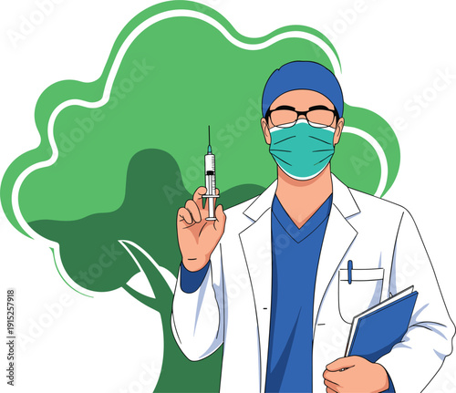Doctor Holding Syringe with Face Mask Flat Illustration Representing Vaccination, Immunization, Healthcare Professional, Medical Treatment and Preventive Medicine Concept