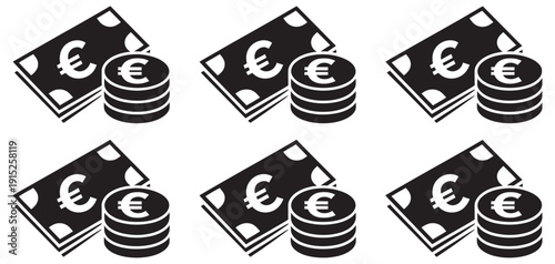Black money cash icons set vector illustration design art, banking finance symbols, dollar stack elements, modern flat graphic collection